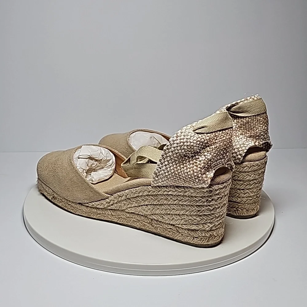 NWB Castaner Carina Sand Canvas Espadrille Wedge Ankle Tie Sandals 10 Jute Heels